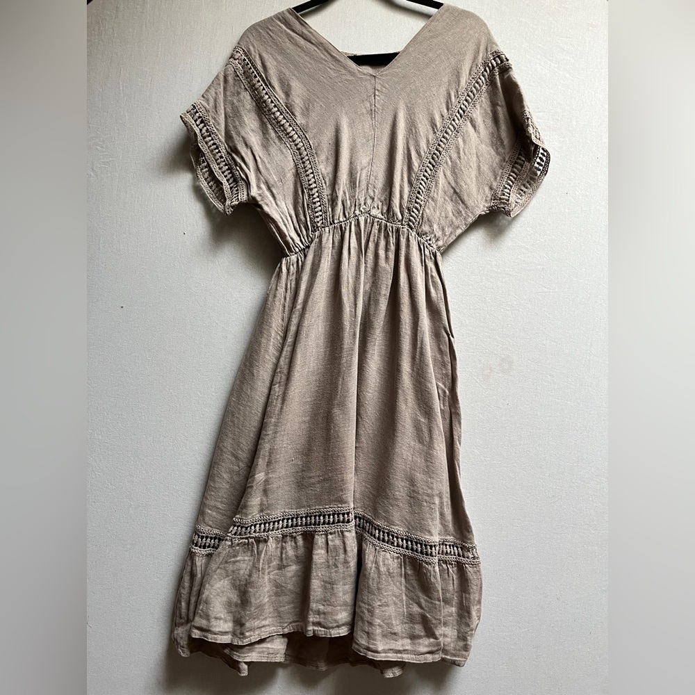 Lungo L’Arno Linen Beige Women's Midi Boho Dress Sz M